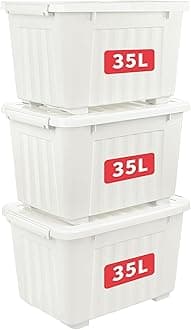 Cetomo 35L*3 Plastic Storage Box,White, Tote box,Organizing Container with Durable Lid and Secure Latching Buckles, Stackable and Nestable, 3Pack, with Buckle