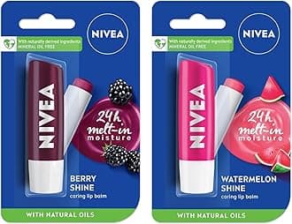 NIVEA Lip Balm, Fruity Watermelon Shine, 4.8g & Nivea Lip Balm, Fruity Berry Shine, 4.8G,Purple