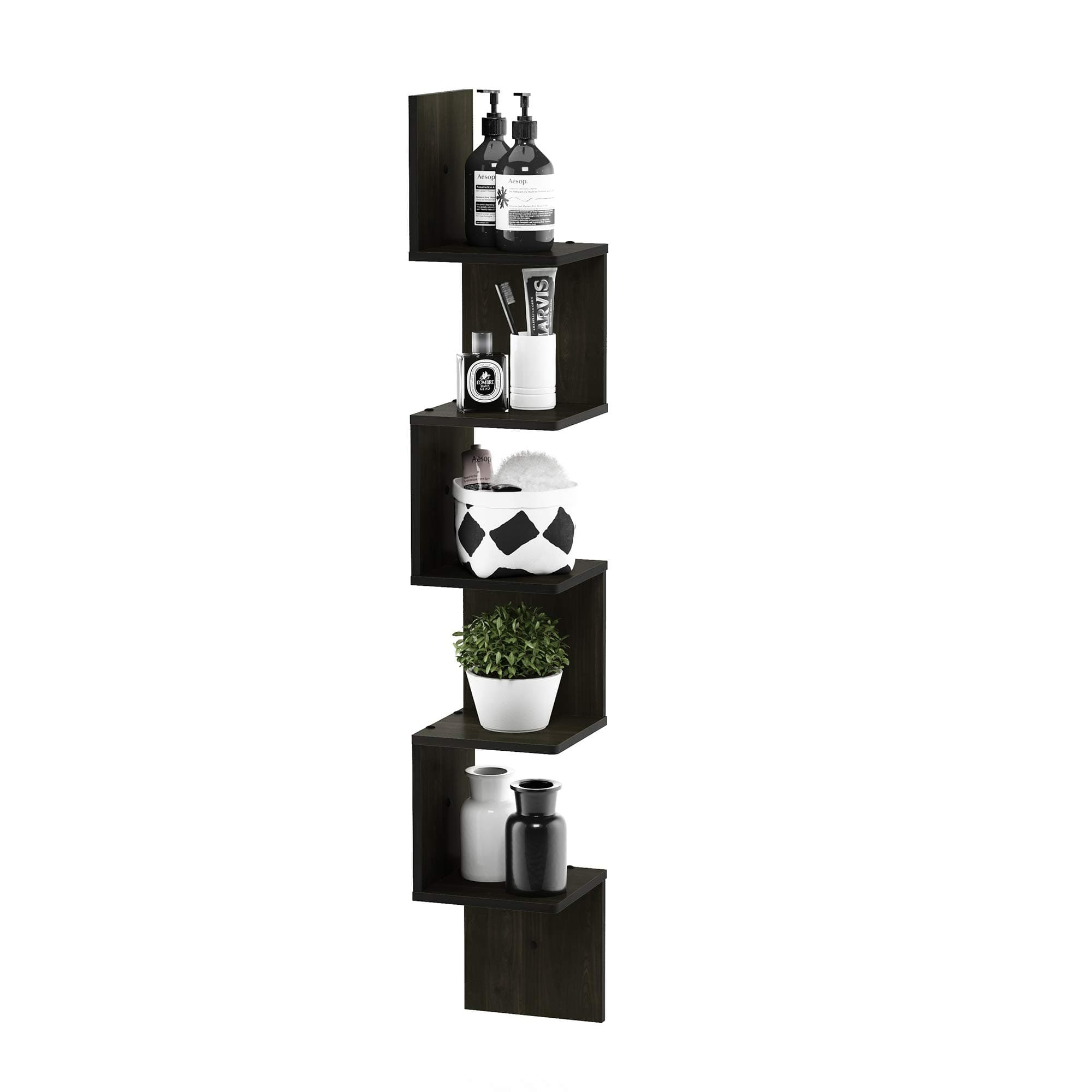Rossi Wall Mount Floating Corner Shelf, 5-Tier Square , Espresso