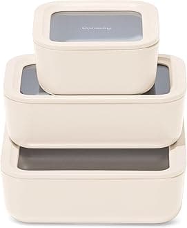 Caraway Glass Food Storage Trio – 10 Cup, 6.6 Cup, & 4.4 Cup Food Containers - Ceramic Coated - Non Toxic Non Stick Lunch Box Container with Glass Lids. Dishwasher, Oven, & Microwave Safe - Cream