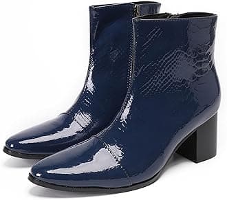 Santimon Mens Boots Casual Patent Leather Chelsea Dress Boots Zipper on Side Mid Calf Boots for Men