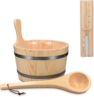 Navaris Wooden Sauna Bucket with Ladle - Essential Spa Accessory for Steam Room with 1.3 Gallon Pine Wood Bucket, Plastic Liner, Ladle, Sand Timer