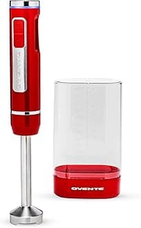 OVENTE Electric Cordless Immersion Hand Blender 200 Watt 8-Mixing Speed with Stainless Steel Blades, Heavy-Duty Portable & Rechargeable Perfect for Smoothies, Puree Baby Food & Soup, Red HR781R