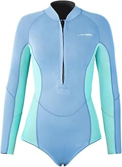 Women Wetsuit, Upgrade CR Neoprene 2mm One Piece Shorty Wetsuit, Long Sleeve Diving Suits with Front Zipper for Surfing Snorkeling Diving SwimmingOEKO-TEX STANDARD 100