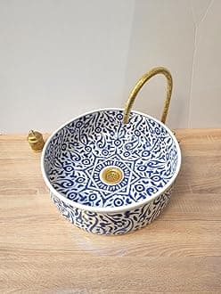 Handcrafted Moroccan Ceramic Wash Basin - Green, Blue, White & More | Traditional Bathroom Sink - Elegant Hand-Painted Sink with Brass Drain