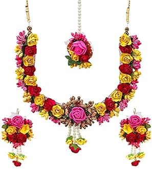 YouBella Jewellery Set for Women Floret Gota Patti Necklace, Earrings & Maang Tika for Women & Girls (Mehandi/Haldi)