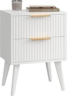 YAUKOMEL Fluted Nightstand with 2 Drawers,Modern Bedside Table with Metal Handles,Side Table with Solid Wood Legs,End Table for Living Room,Bedroom,Small Spcae 11.8" D x 15.7" W x 22.8" H White CTG55W