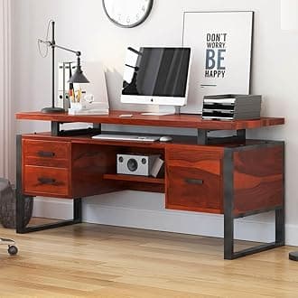 HOMERANGE Solid Sheesham Wood Study Table for Adults | Wooden Desk for Bedroom | Computer Table for Home | Office Work from Home Laptop Table | Workstation for Living Room (Mahogany Finish)