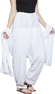 jaipuri Stylong Women's Cotton Casual Style Relaxed Fit Traditional Mid Rise Semi Patiala Salwar With Dupatta Set (Free Size) (White)