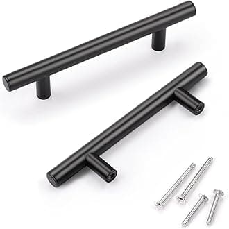 KNOBWELL 6 Pack 3-1/2" Black Kitchen Cabinet Handles, Euro Style Stainless Steel Cabinet Dresser Drawer Handles Matte Black, Overall Length 5-2/5 Inch