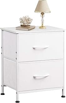 White Night Stand, Small Dresser with 2 Drawers & Wooden Top, Nightstand with Fabric Bins, Bedside Table End Table for Bedroom, Closet, Entryway, College Dorm, White