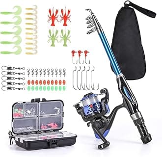 Lixada Blusea Fishing Rod Reel Combo Full Kit 1.5m Telescopic Fishing Rod Spinning Reel Set with Hooks Soft Lures Barrel Swivels Storage Bag