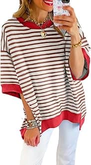 SHEWIN Womens Tops Casual Short Sleeve Sweatshirt Crewneck Striped Shirt Pullover T Shirts Loose Blouses