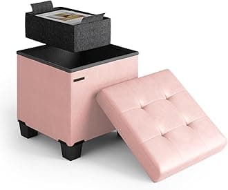 Storage Ottoman Cube with Small Bin, 15-in Square Ottoman with Storage for Living Room and Bedroom, Small Ottomans Foot Rest, Leather Foot Stools Ottomans Max 330lbs, Pink