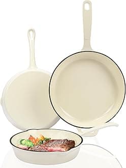 Enameled Cast Iron Skillet Set - 3-Piece Fry Pans (8",9.5",11"), PFAS/PTFE/PFOA-Free, Oven & Induction Safe, Cream White Cookware for Gas, Electric, Ceramic Stovetops​