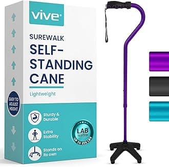 Vive Quad Cane (250 LB) - Adjustable Walking Cane with Large 4 Pronged Base for Extra Balance & Stability, Walking Stick for Seniors, Men,& Women - Patented Customizable Handle
