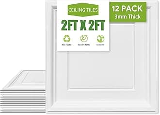 2ft x 2ft Drop Ceiling Tiles, White Icon Relief Ceiling Tiles 24 x 24in. Waterproof, Washable and Fire-Rated - Reusable - High-Grade PVC to Prevent Breakage Cover 48 Sq. Ft, Pack of 12 Tiles