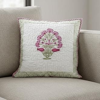 HOMEMONDE 40 X 40 Cm Throw Cushion Cover Premium Cotton Floral Hand Block Printed Pillowcase Pack Of 1, Pink, 16 By 16 Inch, 300 TC
