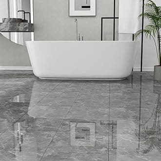 30-Pack 30 Sq.Ft Peel and Stick Floor Tiles Vinyl Glossy Pattern Flooring, 12” x 12” Self Adhesive Vinyl Flooring DIY for Kitchen, Bathroom, Laundry, Polish Dark Grey Marble