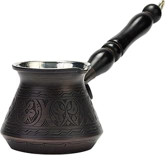 DEMMEX Thick Copper Turkish Greek Arabic Coffee Pot 250 ml, Traditional Hand Engraved Cezve Ibrik Briki with Wooden Handle & Spoon, Handmade in Turkey (Antique)