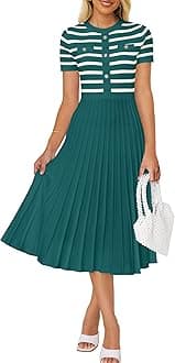 ZESICA Women's 2026 Casual Striped Midi Dress Crewneck Short Sleeve Button Ribbed Knit Swing Pleated A Line Dresses