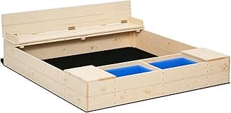 Outsunny Kids Wooden Sandbox w/Two Plastic Boxes Foldable Bench Seat Waterproof Cover Bottom Liner Storage Space