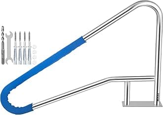 VEVOR Pool Rail 55x32 Pool Railing 304 Stainless Steel 250LBS Load Capacity Silver Rustproof Pool Handrail Humanized Swimming Pool Handrail with Blue Grip Cover & M8 Drill Bit & Self-Taping Screws