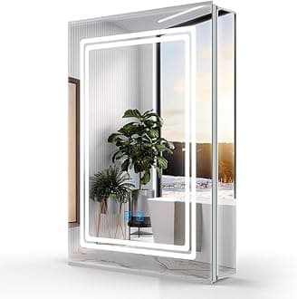 LED Bathroom Mirror Cabinets with Lights and Shaver Socket 50x70cm, Wall Mounted Bathroom Cabinet with 3 Colour Lighting, Anti Fog, Dimmer, Touch Switch, Glass Shelves, Waterproof IP44