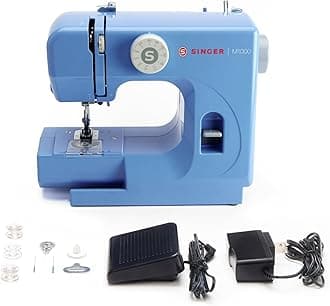 SINGER M1000 Lightweight Portable Sewing Machine with 32 Stitch Applications, LED Light and Zoom Coil, Ideal for Repairs, Blue