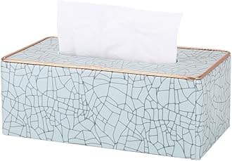 Leather Tissue Box Holder - Waterproof Rectangular Tissue Box Cover Vintage Napkin Paper Holder for Home,Office&Car Decor (Sky Blue+Golden Rim)