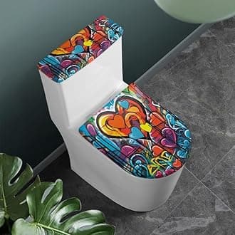 Rainbow Love Toilet Lid and Toilet Tank Cover Street Graffiti Heart Decorations Bathroom Stretch Toilet Protector Cover Colorful Hippy Paint Splatter Toilet Lid Cover