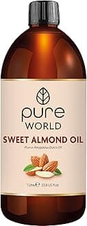 – Pure World Natural Sweet Almond Oil 1 Litre, 100% Pure, Undiluted. Cold Pressed Premium Quality Almond oil – Skin, Nails, Body and Face, Edible Vegan.