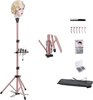 Klvied Metal Wig Stand Tripod with Foot Panel,Adjustable Mannequin Head Stand Tool Tray, Wig Head Stand for Styling,Tripod for Mannequin Head,Rose Golden