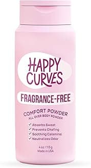 HAPPY CURVES Comfort Powder: Talc Free Anti Chafe Body & Foot Dusting Powder Deodorant to Control Inner Thigh Chafing, Private Areas, and All Over Body for Women (4 Ounce (Pack of 1), Fragrance-Free)