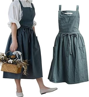 Cotton and linen Kitchen Cooking Aprons Dress for Women with Pockets Cute for Baking Painting Gardening Cleaning