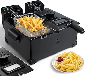 Deep Fat Fryer with Dual Tanks, Large Deep Fryers with Viewing Window, 6 litres, 2 Chip Baskets and Lids, Adjustable Temperature Control, Stainless Steel, Black