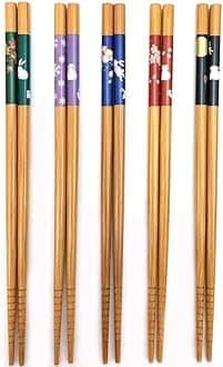 JapanBargain, 2 Pack of 5 Pair Bamboo Chopsticks Set, Reusable Japanese Chinese Korean Wood Chop Sticks, Hair Sticks, Bunny, Moon and Sakura Pattern, Dishwasher Safe, 9 inch