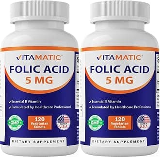 Vitamatic Folic Acid 5mg (5000 mcg) – 120 Vegetarian Tablets per Bottle | Pack of 2 (Total 240 Tablets) Vitamin B9 (Folate) | Supports Heart Health, Brain Function, and Prenatal Wellness