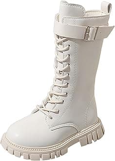 Girls Lace Up Riding Boots Mid Calf Combat Boots Fashion Waterproof PU Leather Side Zipper Punk Goth Boot 4-12.5 Years