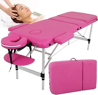 Dkeli Massage Table Pink Lash Table Spa Bed Portable Foldable 73 Inch Height Adjustable 3 Fold Salon Bed with Aluminium Legs, Face Cradle, Carry Case Tattoo Table Eyelash Facial Table, Pink