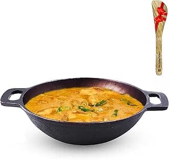 The Indus Valley Super Smooth Cast Iron Kadai with Free Wooden Flip | Medium, 25.4cm/10 inch, 2.5Ltr, 2.4kg | Gas Stove | Pre-Seasoned Kadhai, 100% Pure & Toxin-Free
