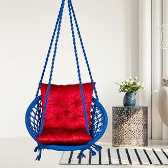 Patiofy Cotton Round Swing Chair for Adults for Home/Jhula Swing for Balcony, Indoor/Hammock Hanging Swing/Unjal Swing Chair Wooden/Capacity Upto 120Kgs/ Includes Hanging Kit & Red L Cushion-Blue