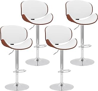 civama Bar Stools Set of 4 for Kitchen Counter, Adjustable Bar Height Chairs, Modern Swivel Barstools with Bentwood Seat and Back with Footrest for Kitchen Island, Dining Room, White PU Leather