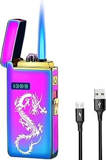 Arc Jet Flame Torch Lighter - 2 in 1 Electronic Refillable Butane, USB Rechargeable With Battery Indicator, Windproof Infinity Electric Cycle Charge (Rainbow Dragon)