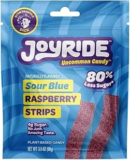Geneeric Joyride Sweets Sour Blue Raspberry Candy Strips, 3.5oz Pack, Sour Gummy Candy Strips, 80% Less Sugar, Plant Based Sweets