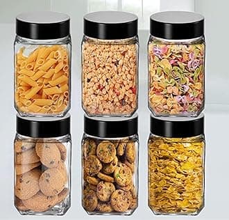 Vency Piramal Glass Cubical Square 300ml Transparent Glass Jars & Containers for Kitchen Pantry-Storage with Black Plastic Lid (300ml, Set Of 6)