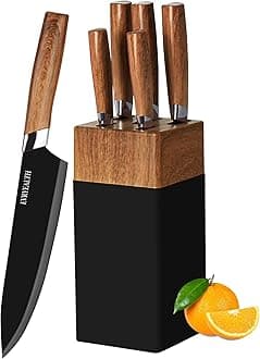 lapelux Kitchen Knife Set - 5 Piece Knife Set with Block, Wood Grain Handle, ...