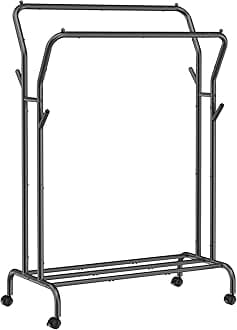 Clothes Rack, Double-Rod Clothing Rack for Hanging Clothes with Wheels, Garment Rack, Metal Frame, 220 lb Max. Total Load, 40.7 Inches Wide, Clothes Storage and Display, Black UHSR107B01