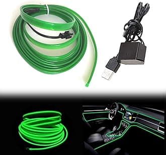 El Wire Green Interior Car LED Strip Lights, 3M Neon Wire USB 5V with Fuse Protection for Automotive Interior Decoration, with 6mm Sewing Edge