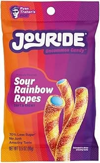 Joyride Sweets Sour Rainbow Ropes, Soft Chewy Sour Taffy Candy, 70% Less Sugar, Plant Based Candy, 3.5oz Pack